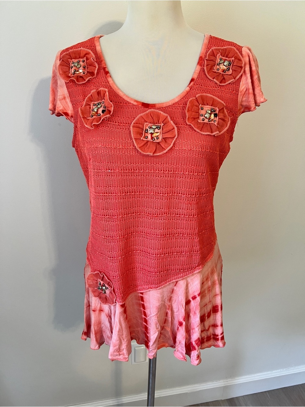 Vandana Coral Crochet Tunic Top Medium Boho Embellished Tie Dye NWT Y2K 2000s